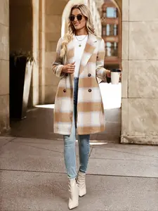 New Autumn Winter Casual Vintage Style Mid-Length Plaid Woven Coat, Button Front Jacket, Fleece Lined Outerwear for Women