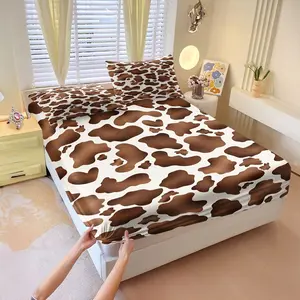 3Pcs Brown Cow Print Fitted Sheet Set, Whimsical Cowhide Bedding Set with Irregular Spots & Star - like Patterns, Seamless Repetitive Pattern on White Background, Soft & Durable for Bedroom Decor, Includes 2 Pillowcases, No Pillow Core
