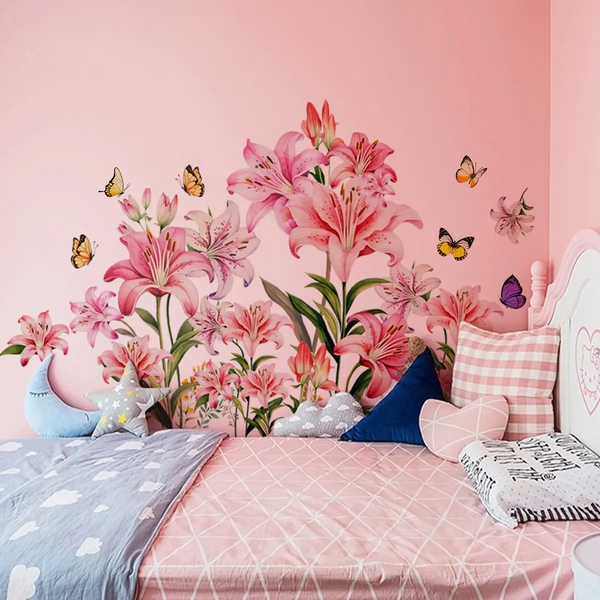 A pink lily spring wall sticker, Decorative Decal, Decorative Stickers, for bedroom and living room background wall home decoration, self-adhesive, MS7306-YC, Decoration Items