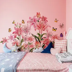 A pink lily spring wall sticker, Decorative Decal, Decorative Stickers, for bedroom and living room background wall home decoration, self-adhesive, MS7306-YC