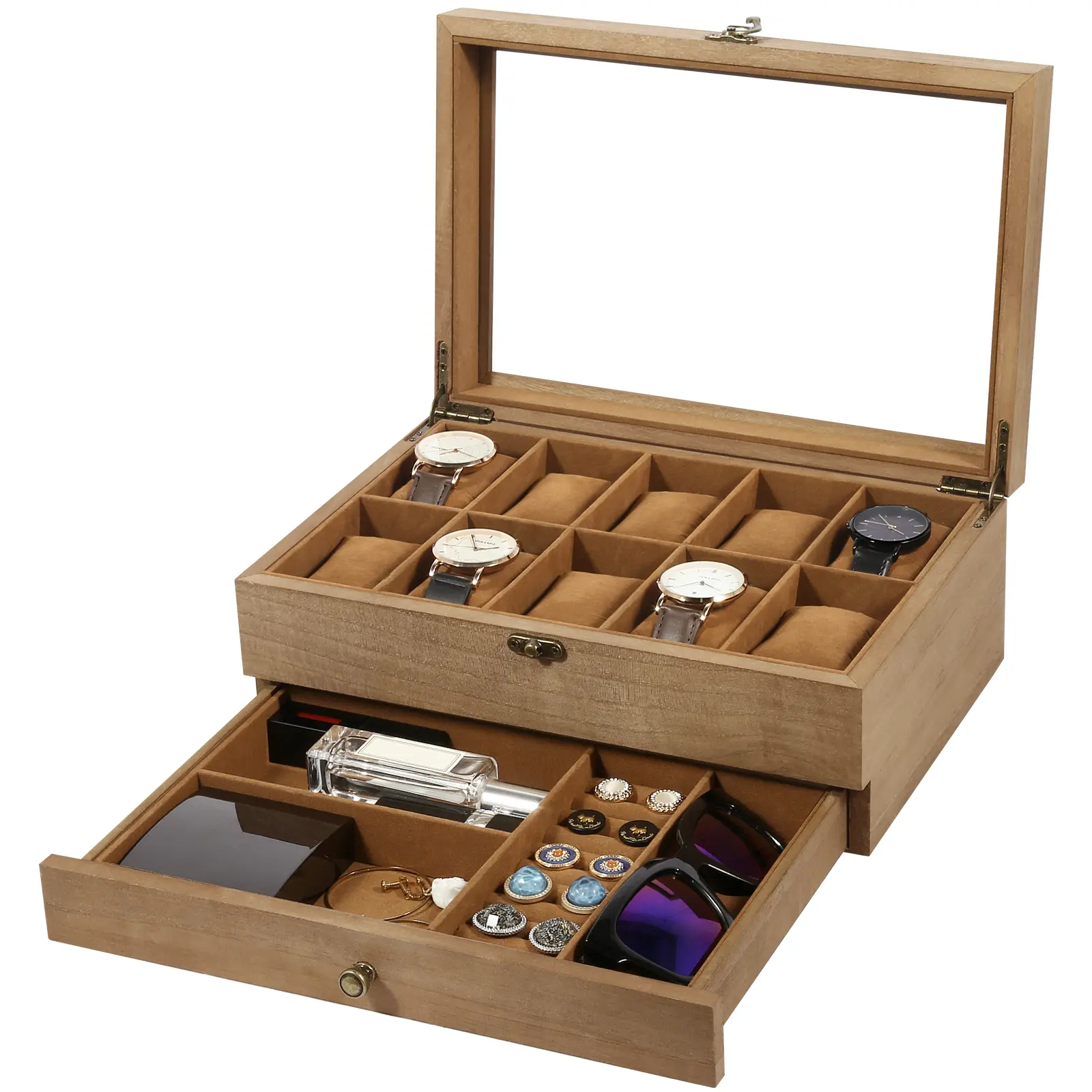 10 Slot Watch Box Organizer with Jewelry Drawer, Double Layer Wooden Watch Display Case, Glass Lid, Velvet Storage for Watches & Accessories