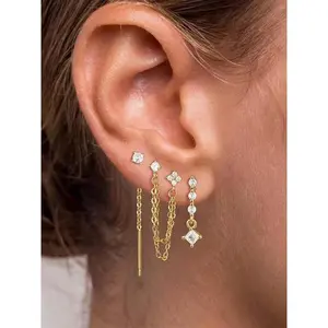 3 Pairs Dangle Earrings Dainty 14K Gold Plated Chain Earrings for Women Trendy Earring Stacks Set Cubic Zirconia Pearl Hoop Stud Hypoallergenic Earrings for Women Jewelry Gifts Earring Stacking Set Studs Earrings(Sheet)