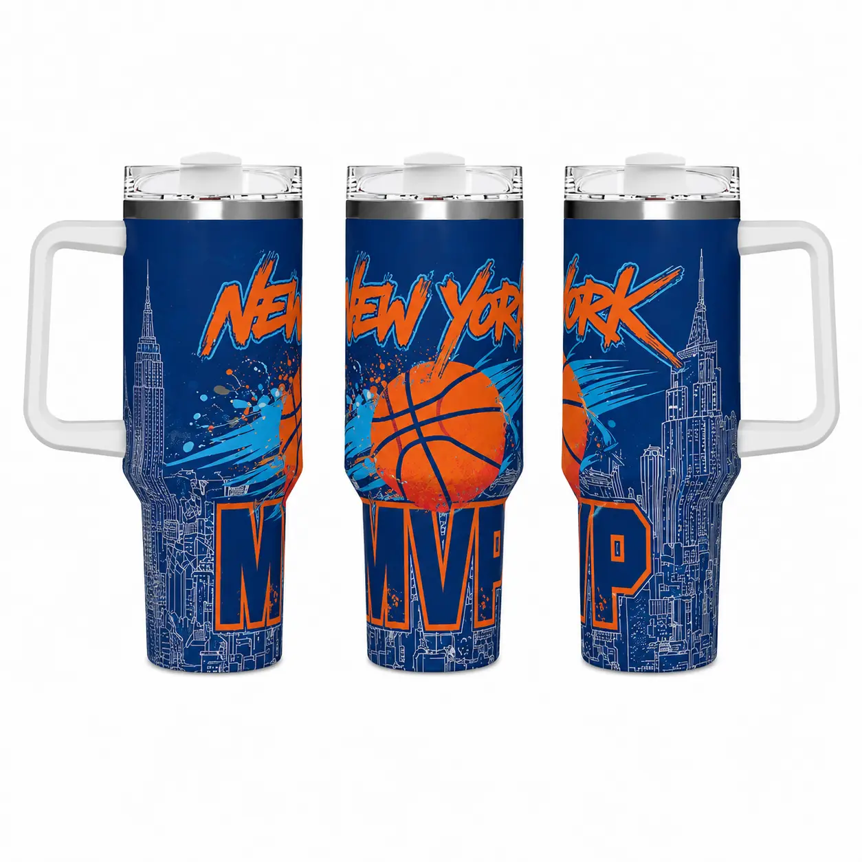 40oz (1,000-2,000 ml) Insulated Travel Tumbler - 18/8 Stainless Steel, BPA-Free Handle Mug, Stylish Leak-Proof Portable Straw Mug, Graffiti Print NYC Skyline Swirl Basketball MVP Full Wrap, 24h Cold 12h Hot, Urban Adult Gift, Home Supplies Storage Bottle,