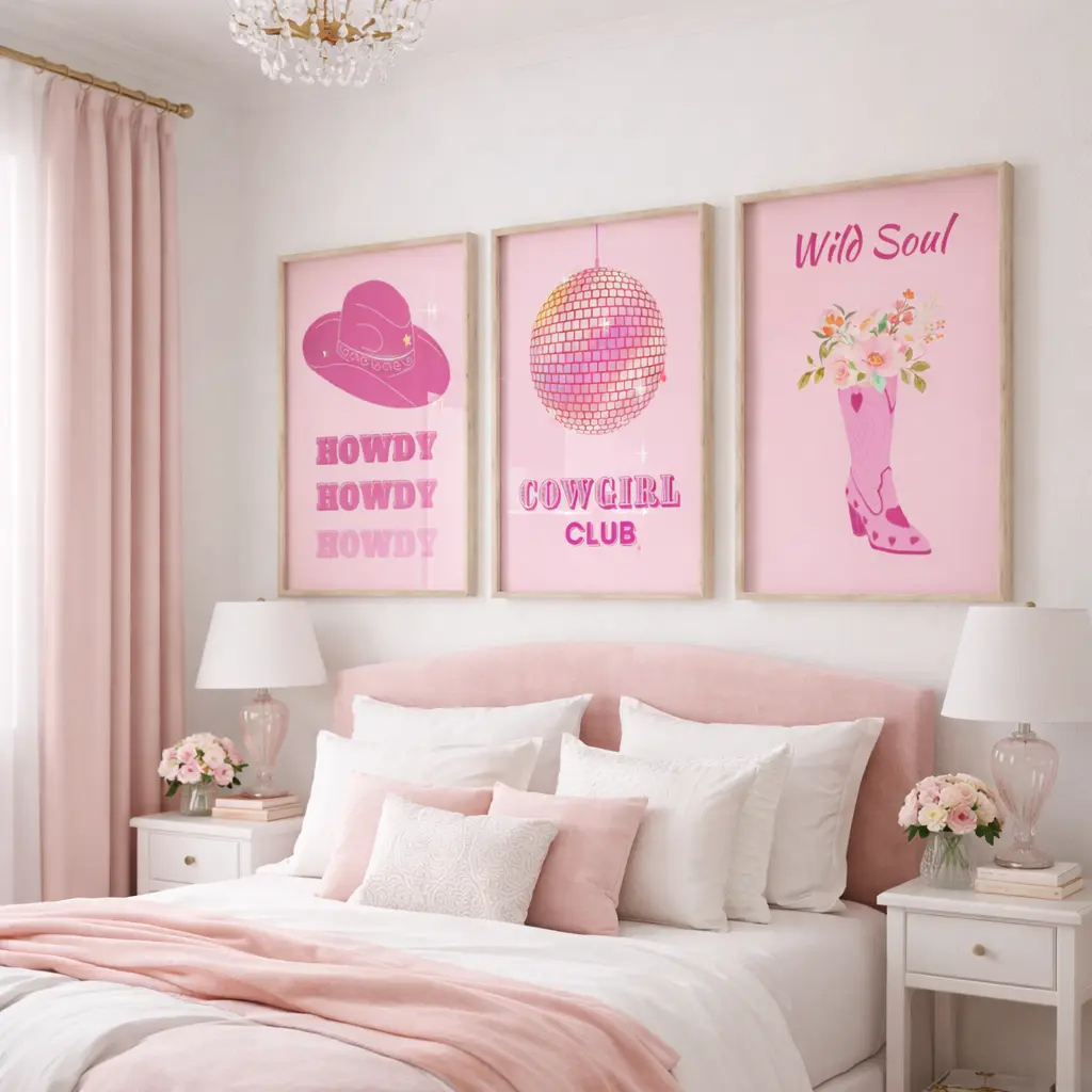 Pink Cowgirl Wall Art Set of 3 Poster Print Unframed