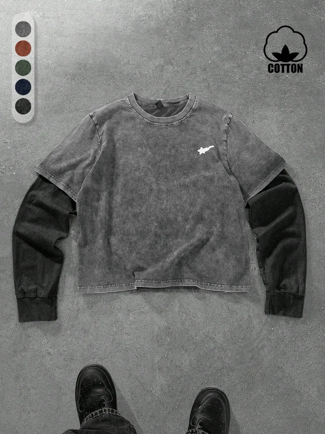 Unisex Vintage Fake Two-Piece Sweatshirt Tops - Retro Layered Long Sleeve Fitted Pullover with Contrast Patchwork Graphic Design for Fashion Streetwear Aesthetic & Casual Daily Wear Menswear