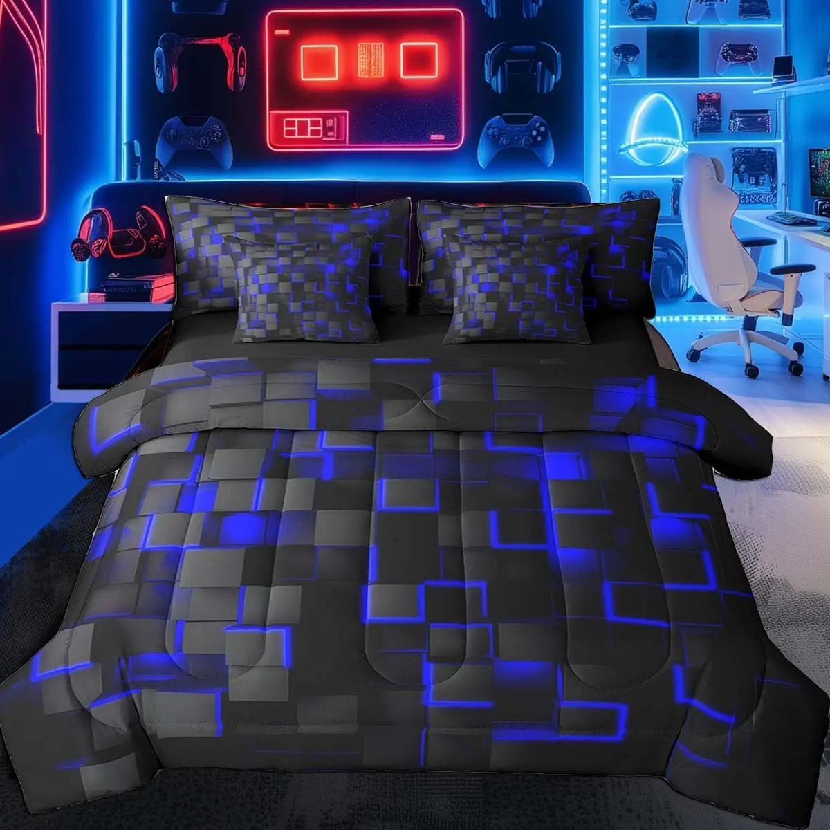 Blue and Black Bedding Set Light Geometric Comforter Set with Sheets 7 Piece for Kids Boys Decor Bed in a Bag Modern Style Bed Set