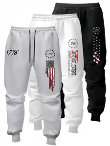 Unisex American Flag Print Jogger Pants Set, Vintage Patriotic Loose Fit Sportswear, Drawstring Adjustable Ankle Design, Casual Streetwear Looks