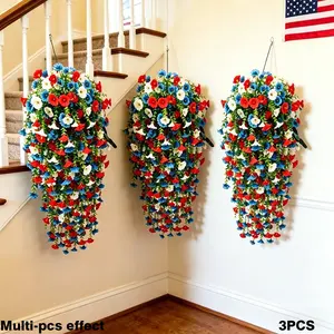 3pcs Three-Color Combination Patriotic Flower Artificial Hanging Flower, Red, White, Blue Hanging Type, Artificial Flower Plant, Morning Glory Artificial Plant, for Home Garden Courtyard, Wedding, Outdoor, Indoor Festival Decoration