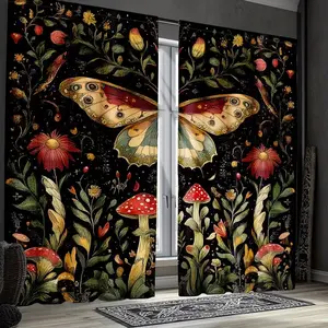 Boho Witch Moth Window Curtains Set of 2, Snake and Mushroom Design, Unique Motif, Floral Background, Half-Transparent Polyester Fabric, Bohemian Style