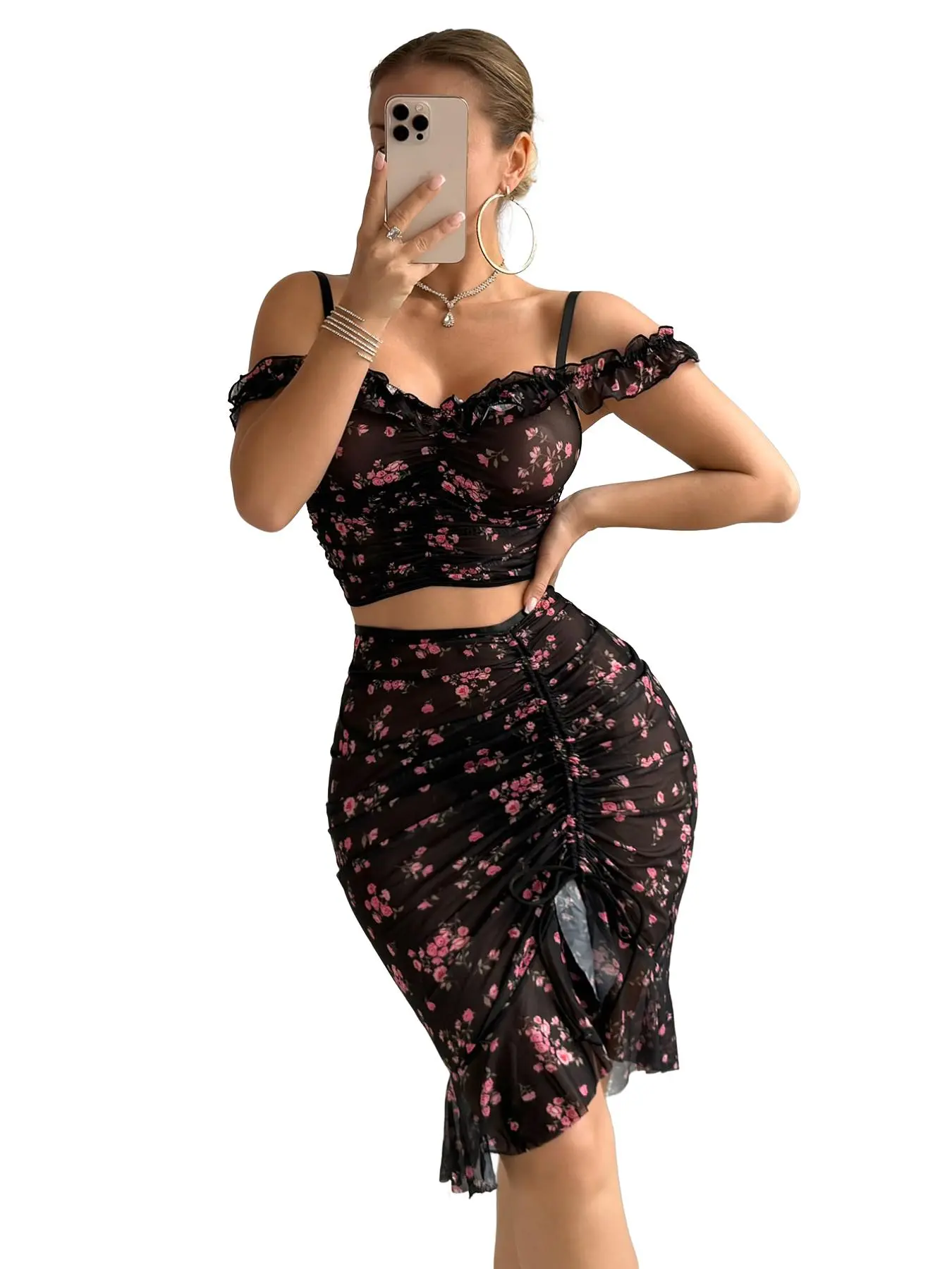 Slim Intimates Floral Ruffle Lingerie Sleepwear Set – Nightwear Slit Chemise Fitted Babydoll Nightgown, Romantic Loungewear, S-XL