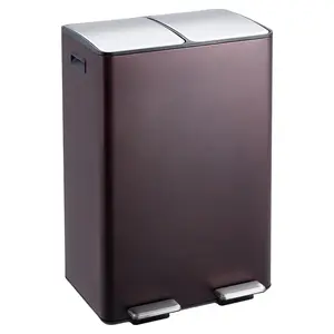 Garvee Dual Compartment Kitchen Can, 16 Gal (2 x 30 l) Stainless Steel Bin with Lid and Inner Bucket, Double Section Recycling and Waste Container with Step Pedal for Home and Office, Brown