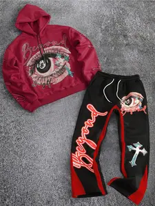 Men's Beyond Letter & Eye Cross Graphic Print Fitted Hoodie Set, Warm Fleece Lined, Elastic Waist Casual Sweatpants, Streetwear Y2K Style, Couples Fashion