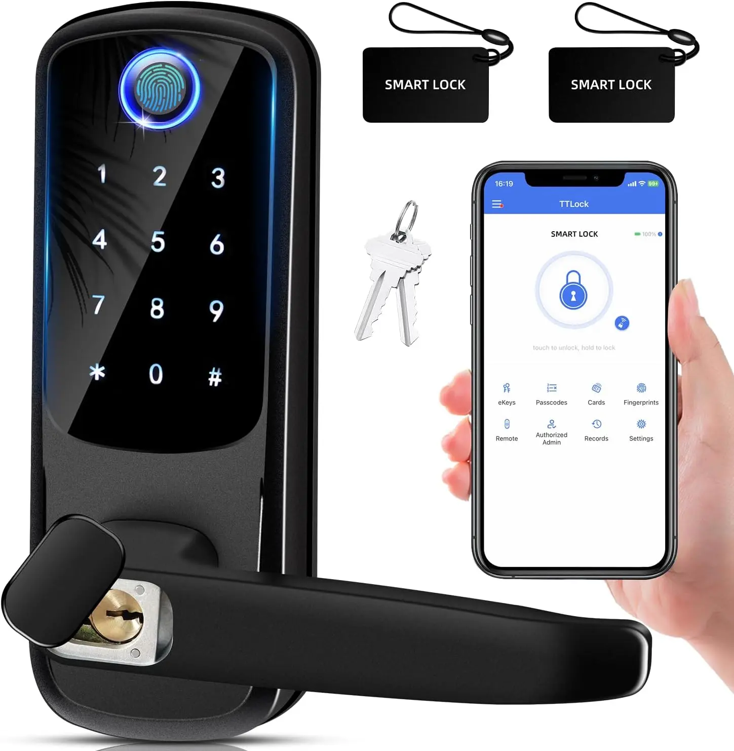 Smart Door Lock with Handle - Keyless Entry Digital Biometric Deadbolt, Fingerprint Keypad, for Home Front/Interior Use, Office Hardware