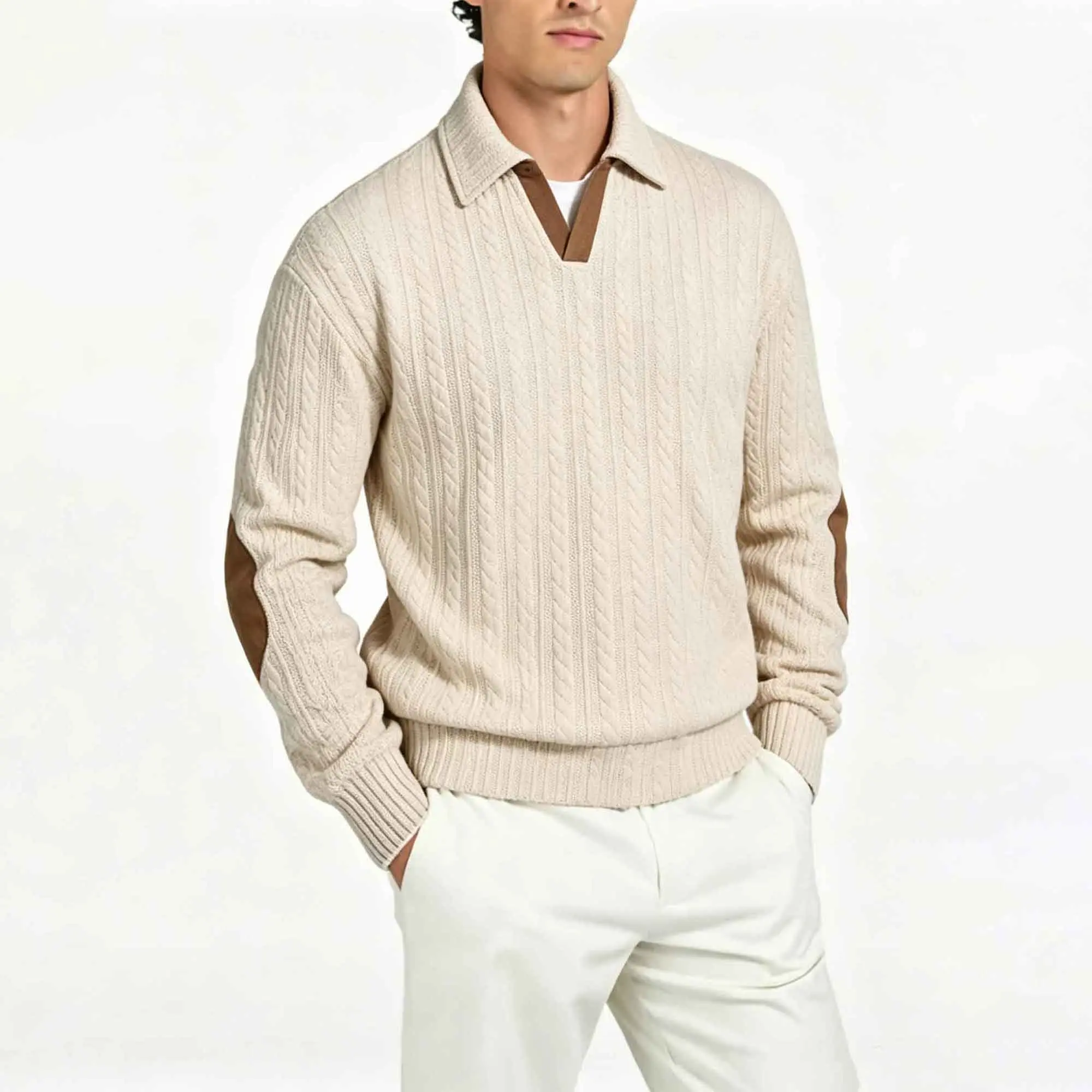 American vintage V-neck knit polo sweatshirt with suede elbow patches and cable-knit detailing, men’s casual pullover