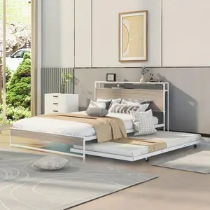 Rustic Modern Metal-Wood Space-Saving Daybed Combo with Trundle, 2 Beds, 400lb Capacity, Charging Ports, Shelves, Easy-Assemble Indoor Bed Frame, Smooth, Pull Out Bed
