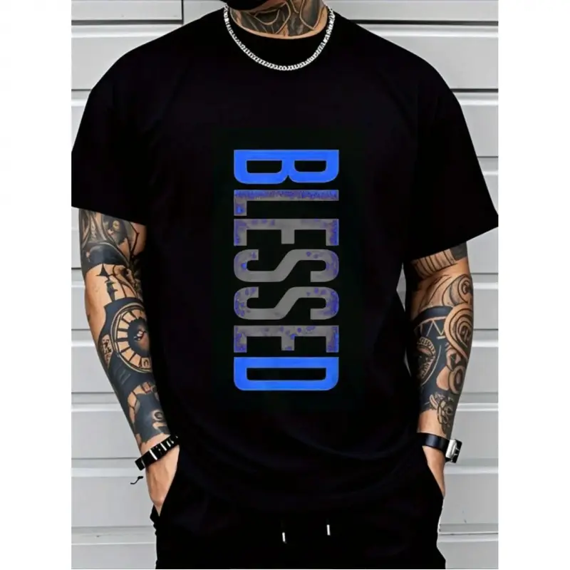 Men's Plus Size Casual Crew Neck T-Shirt - Geometric-Pattern, Smooth Cotton Knit Fabric, Medium Stretch - Short Sleeve Tee for Leisure & Everyday Wear