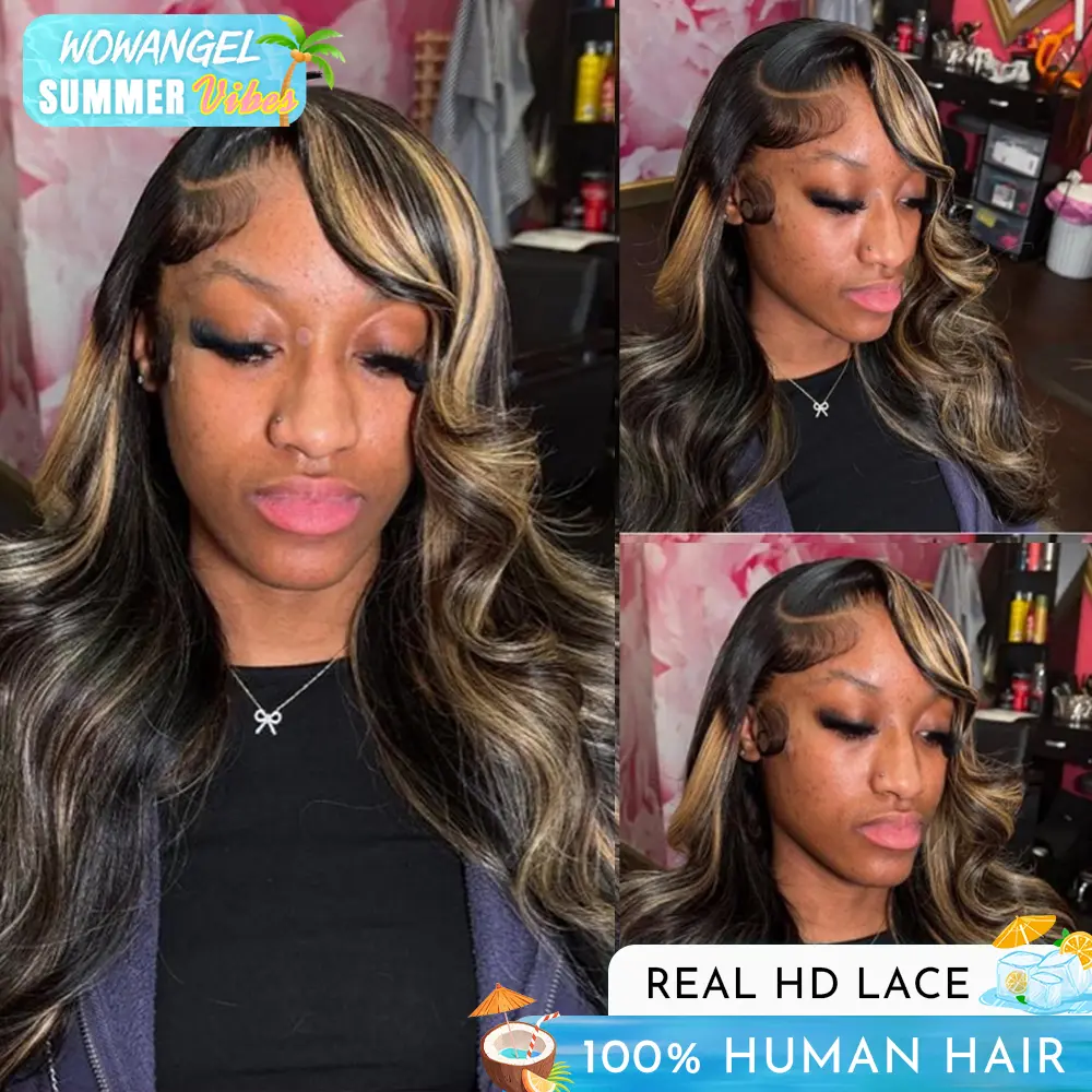 Wowangel 1B/27 Blonde Highlight Wigs 13x6 HD Lace Front Wigs Real Human Hair Body Wave Glueless Pre Plucked SKINLIKE 0.1mm Extremely Thin Real HD Lace Front Wigs 250% Density Glueless Human Hair Wigs for Women 28 Inch  #SummerVibes