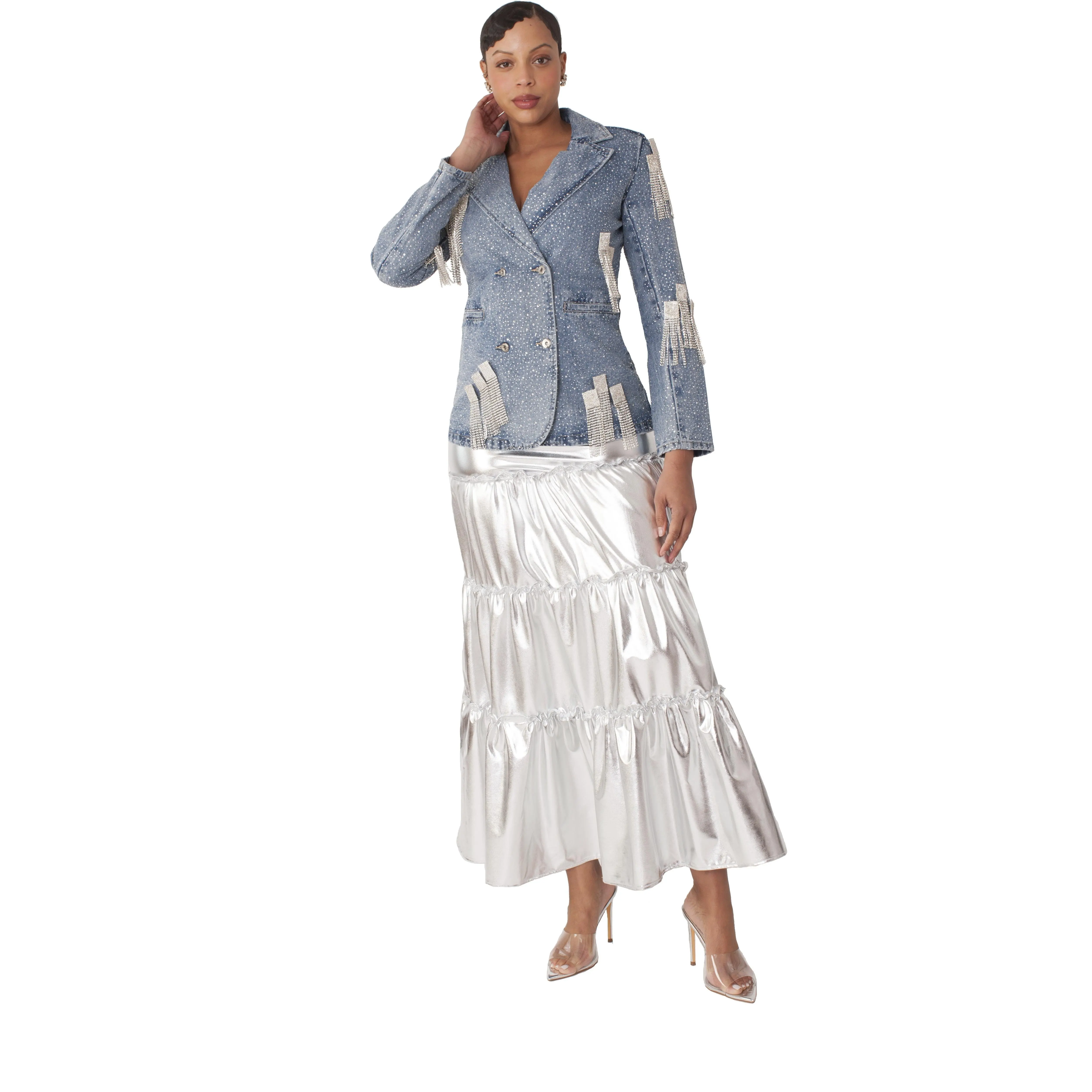Silver Metallic Tiered Maxi Skirt -82477