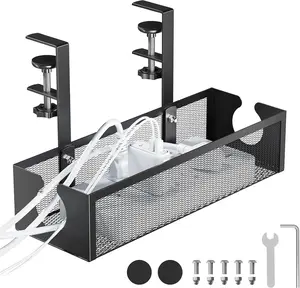 No-Drill Heavy-Duty Metal Under-Desk Cable Management Tray, Clamp-On Wire Organizer with Tool-Free Installation, Anti-Slip Pads & Wide Openings, Office Accessories for Home Office Standing Desks & Gaming Setups (Black/White)