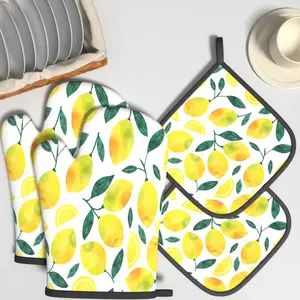 4pcs Heat Resistant Oven Mitts & Potholders Set, Hand-Drawn Lemon Design, Ideal for Kitchen, Kitchenware, Cooking, Grilling, Baking, Perfect Gift