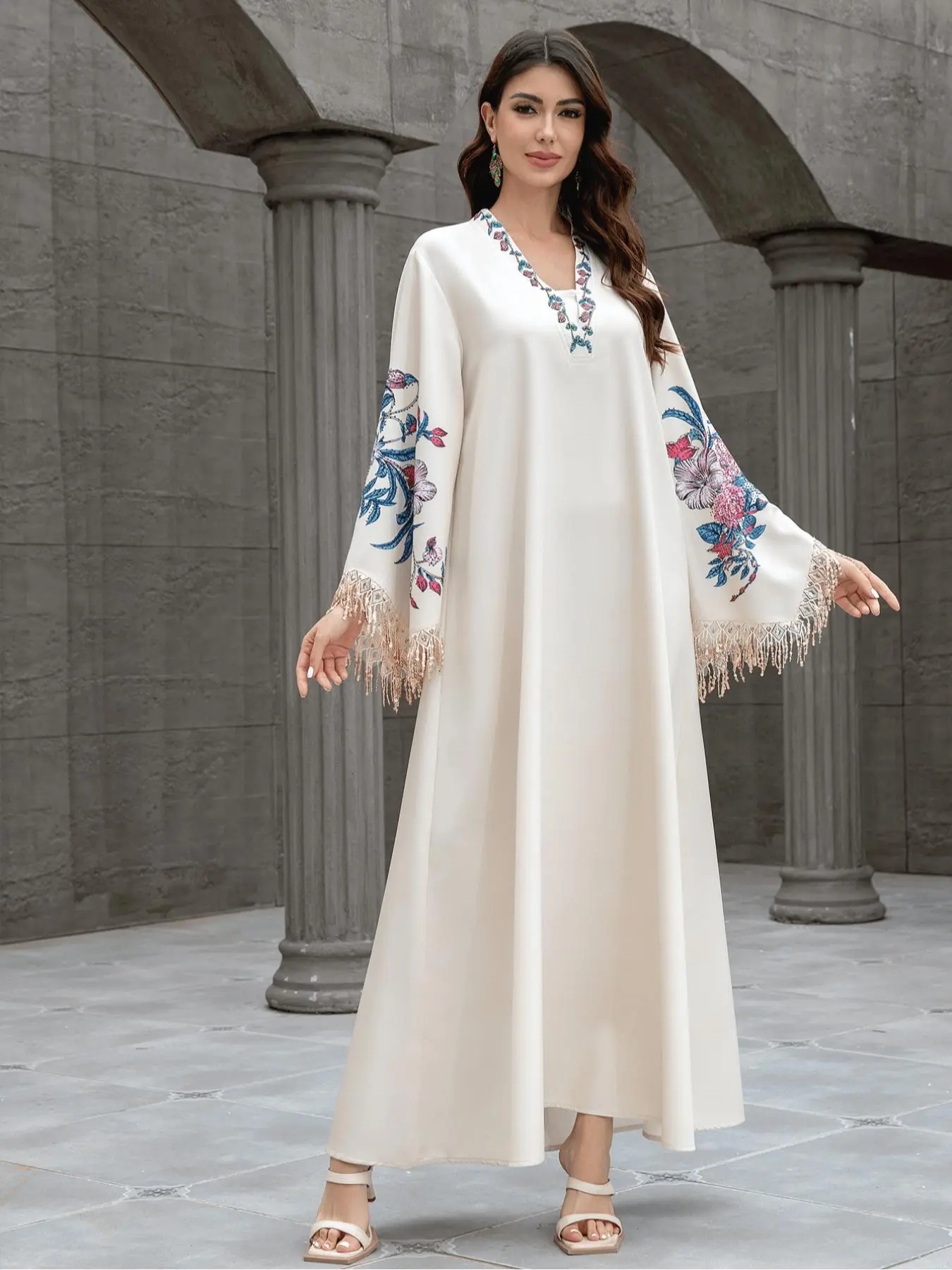 Arabian Robe V Neck Embellished Print Fringe Long Sleeve Elegant Jalabiya Dress, Muslim Dresses, elegant islamic clothing, embroidery abaya, Fitted Geometric Design for All Seasons, Floral Embellished Abaya, Dubai Abaya, Traditional Abaya