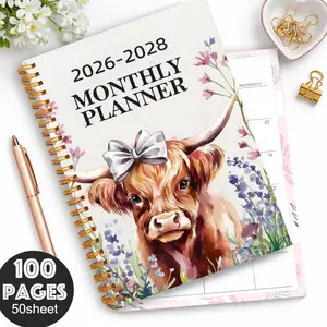 2026-2028 3 Year Planner, Floral Highland Cow Weekly and Monthly Spiral Notebook for Office, School and Home, Cute Long Range Planning Agenda Book, Gift for Women, Students and Cow Lovers