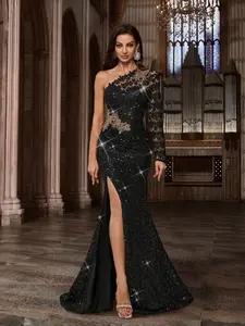 Sequin One Shoulder Evening Dress, Vintage Court Style, Hollow Out Sleeves, Bodycon Mermaid Tail, Full Sequins, Party Carpet Gown