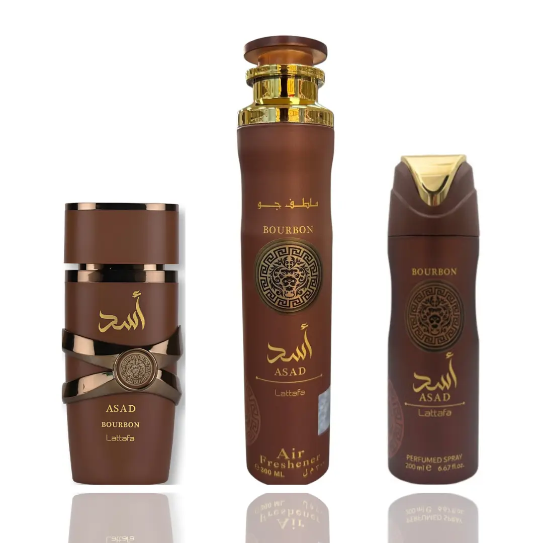 Lattafa Asad Bourbon Men's 3-Piece Body Care Bundle - Oriental Fragrances, Long Lasting Lavender Scent, Smooth Deodorant, Air Freshener, Men's Cologne, Father's Day Gifts, Birthday Gifts for Him