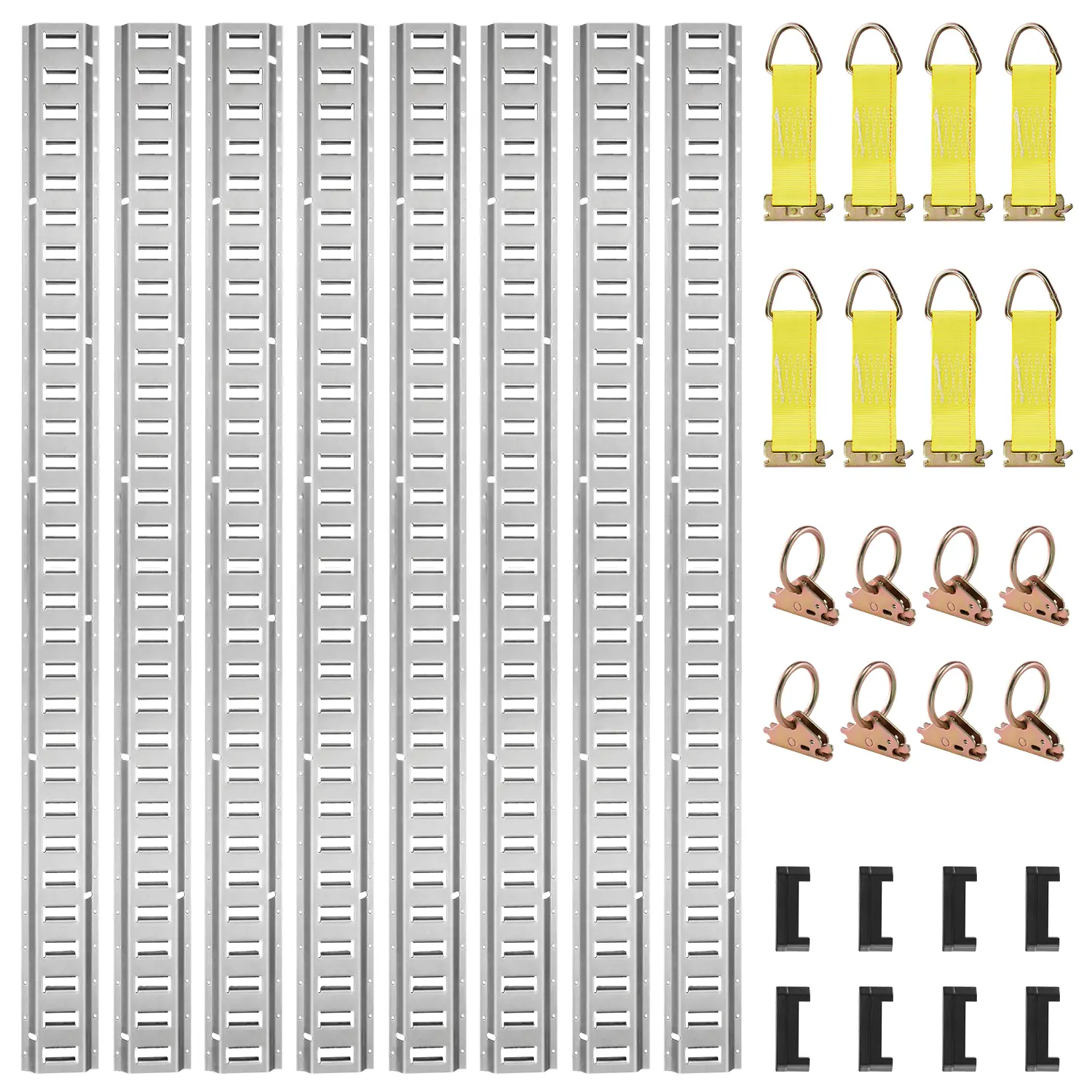 【Summerfinds】VEVOR E Track Tie-Down Rail Kit,32PCS 5' E-Tracks Set Includes 8 Steel Rails & 8 O-Rings & 8 Tie-Offs with D-Ring & 8 End CapsTrailer Securing Accessories for Cargo Motorcycles Bikes1500 lbs Load