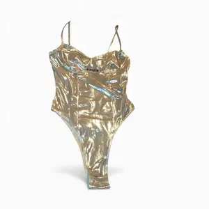 Shimmering Chic Stylish Gold Metallic Sheer Bodysuit for Women's Fashion Womenswear Clothes