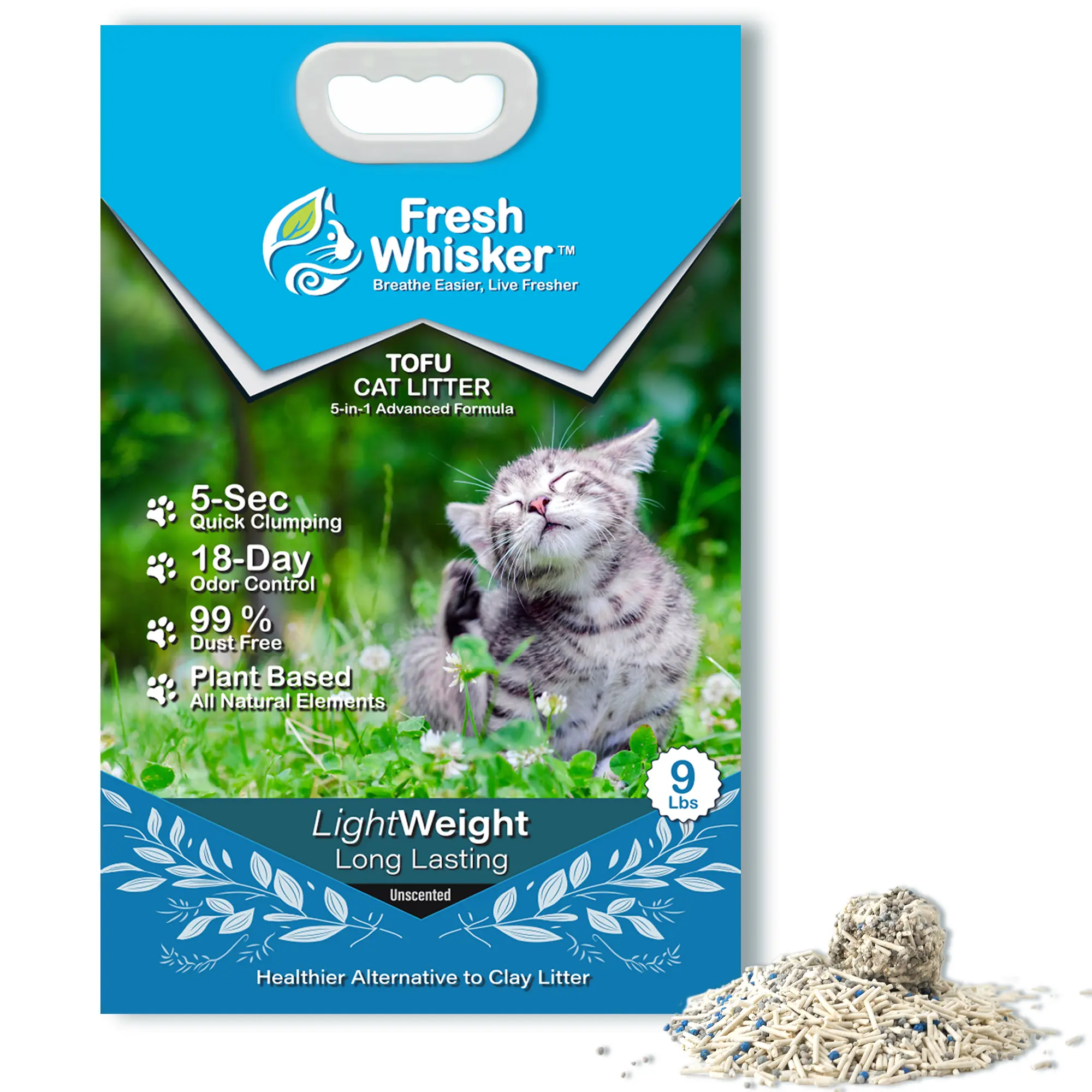 Fresh Whisker Tofu Cat Litter, 5-in-1 Kitty Litter, 9 LB Box - Odor Control, Low Tracking, Rapid Clumping, All Natural Ingredients
