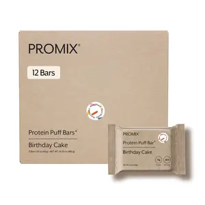 Promix Plant Protein Puff Bars – 11g Vegan Protein 6g Sugar – Marshmallow Crispy Treat–Style – Birthday Cake – 12 Bars