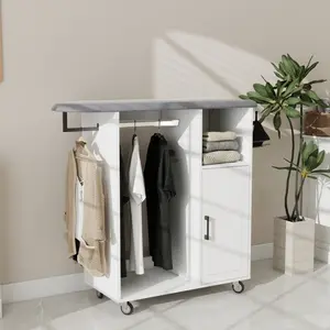 White Rectangular E1 MDF Rolling Ironing Cabinet with UV Painting, 60 LBS High Load Bearing Space Saving Laundry Storage Organizer with Adjustable Shelves Heat‑Resistant Ironing Board for Laundry Room Kitchen