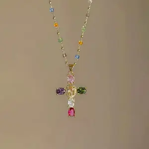 Colorful Crystal Cross Necklace for Women Sparkling Zircon Pendant Chain Trendy Fashion Jewelry for Daily Outfit Party Gift men Fashionable Collarbone elegant rhinestone magnetic field light luxury unisex sparkly festival monday holiday rave energy