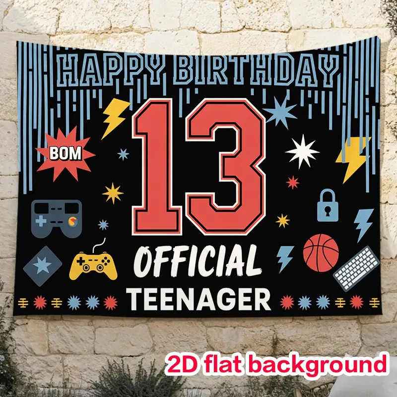 2D, 1 piece Happy 13th Birthday banner with boy and girl number 13 center decoration - Balloon, confetti silhouette design - Durable indoor/outdoor party decoration, 13th birthday celebration, Birthday party decorations