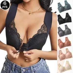 Women's 6 Pcs Plus Size Front Closure Bra - No Underwire Seamless Contrast Lace Design, Comfortable Bralette, Supportive Unlined Brassiere for Large Bust & Everyday Sports Wear