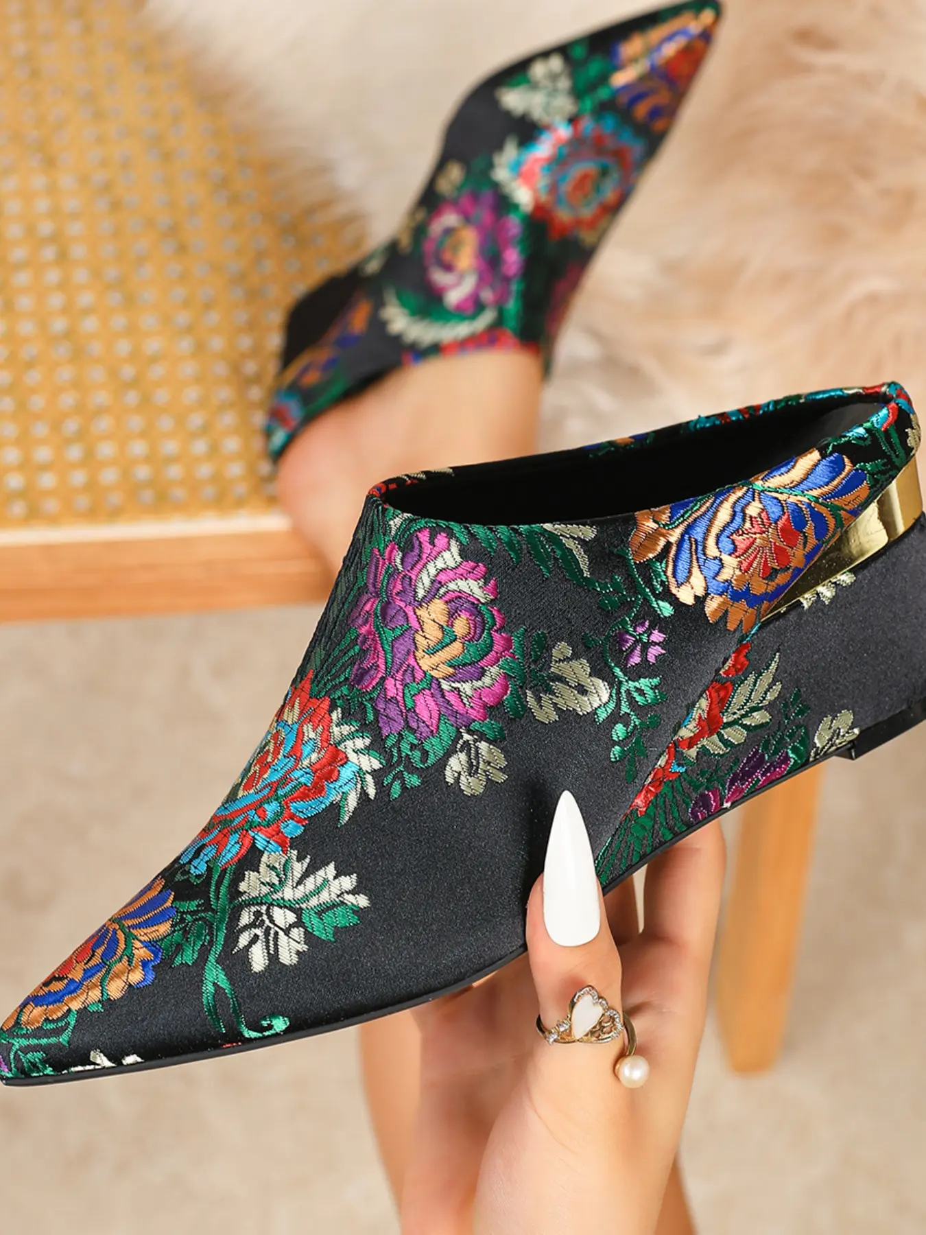 Women's Multicolor Floral Embroidered Pointed Toe Wedge Sandals, Floral Wedges, Casual High Heel Shoes for All Seasons, Stylish Fashion Classy Elegant Textile Design, Fashionable Wedge Shoes