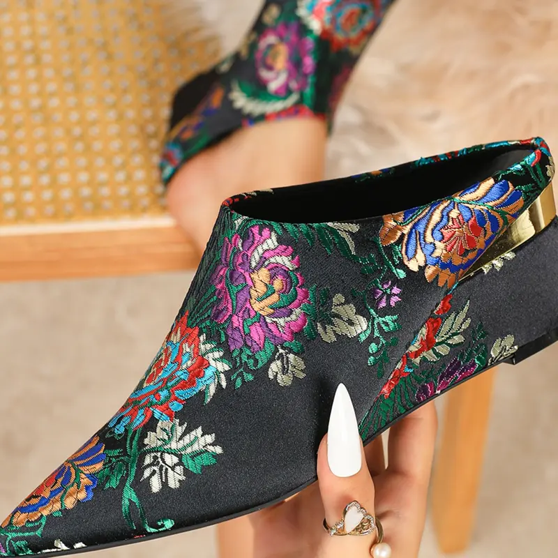 Women's Multicolor Floral Embroidered Pointed Toe Wedge Sandals, Floral Wedges, Casual High Heel Shoes for All Seasons, Stylish Fashion Classy Elegant Textile Design, Fashionable Wedge Shoes