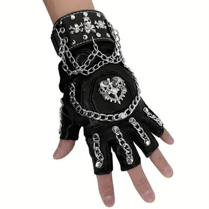 Skeleton Chain Bicycle Leather Gloves Men's Punk Fingerless Gloves with Bracelet