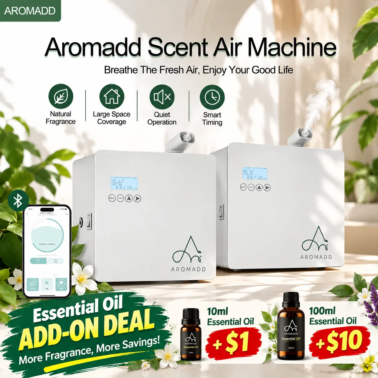 AROMADD 2026-Upgraded 600ml Bluetooth Cold Air Aromatherapy Diffuser (Fragrance Machine), 3500 sq ft HVAC Whole House Smart Diffuser for Home, Waterless Cedarwood Essential Oil Compatible, Timer, Home Decor Supplies, 30-Day Free Return, 24/7 Support