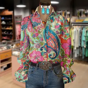 Cherrybetty Colorful Floral Paisley Print Collard Bell Sleeves Blouse Comfort Elegant Outfits Going Out Vintage Tops