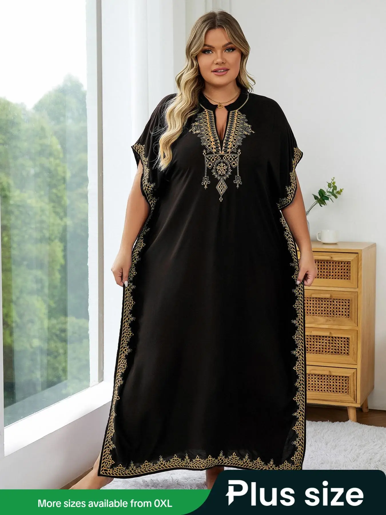Plus Size Ethnic Pattern Embroidered Split Kaftan Dress, Boho Notched Neck Batwing Sleeve Long Dress, Summer Clothing, Women's Summer Clothes, Modest