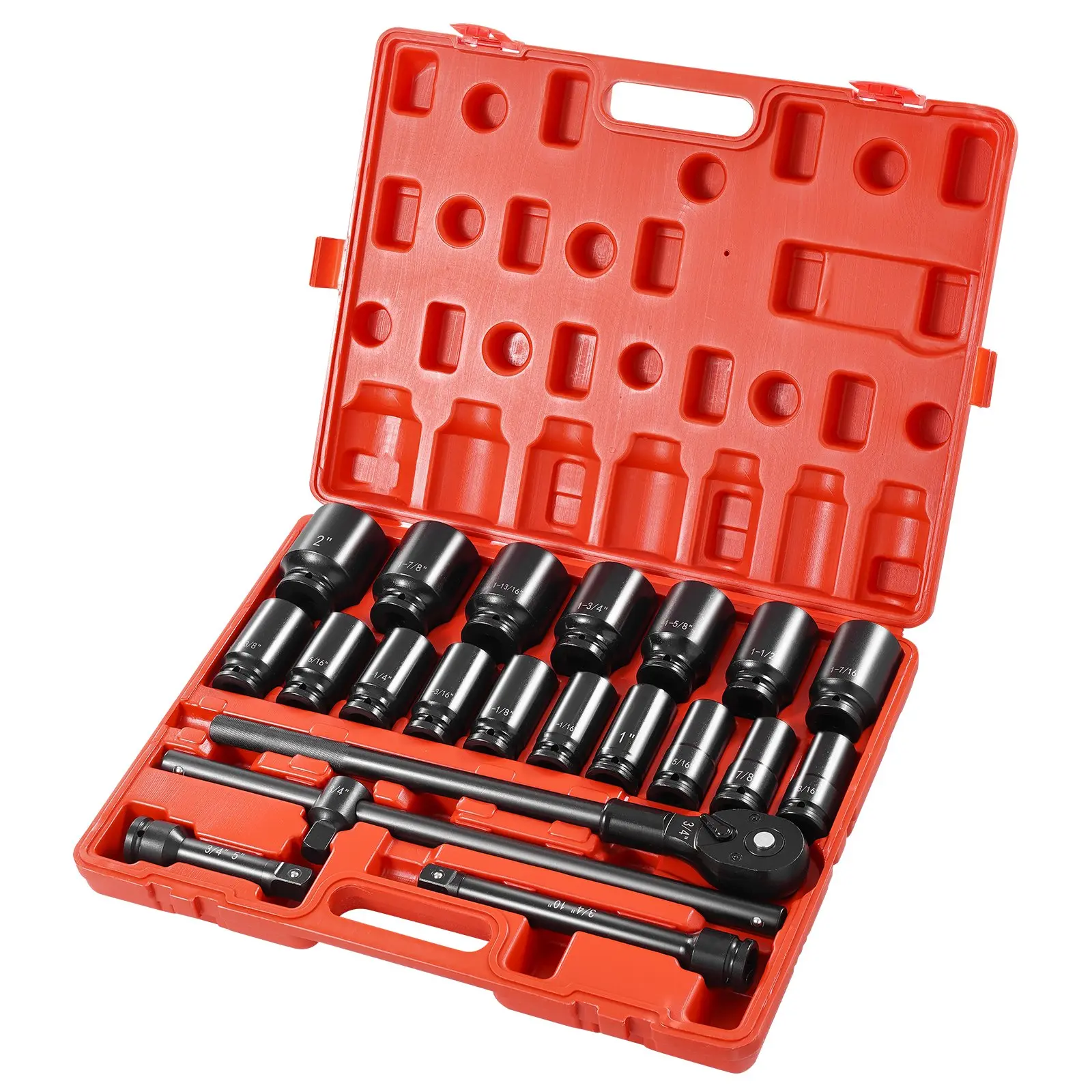 【Summerfinds】VEVOR Impact Socket Set 3/4 Inches 22 Piece Deep Impact Sockets Socket Assortment 3/4 Inches Drive Socket Set Impact Standard SAE Sizes 7/8 Inches to 2 Inches Includes Adapters and Ratchet Handle