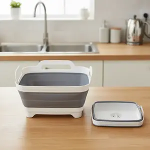 Collapsible Dish Basin with Drain Plug, 1-Count 9 L Space-Saving Multi-Purpose Collapsible Dishwashing Tub, Kitchen Storage Bucket for Indoor or Outdoor Use, Basin Container