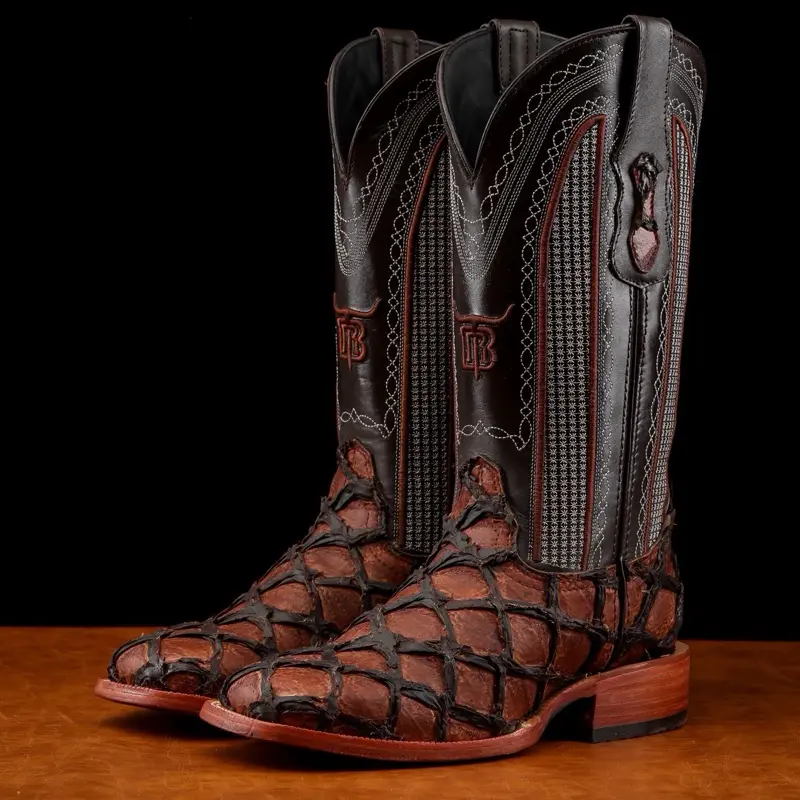 Cognac Jumbo Pirarucu Print Leather Boots - Square Toe