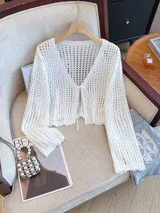 Women's Solid Hollow Out Sweater Cardigan, Casual Adjustable Fit Tie Front Long Sleeve Knit Cardigan for Summer, Fashion Style Women's Knitwear for Daily Wear, Tops