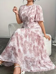 Women's Spring Summer Plus Size Womenswear Fashion Casual Chiffon Floral Print Elegant Dress, Loose-Fitting Midi Dress with Short Sleeves