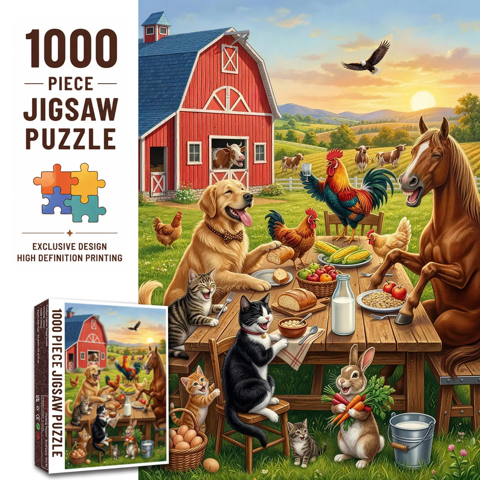 Walarky 1000-Piece Animals & Nature Jigsaw Puzzle, Funny Farm Red Barn Dinner Scene with Horse, Dog, Cats, Rooster, Rabbit, Family Game for Memory Training and Observation, 27.5x20 Inches, House Decoration, Thoughtful Gift for Adults Animal Lovers