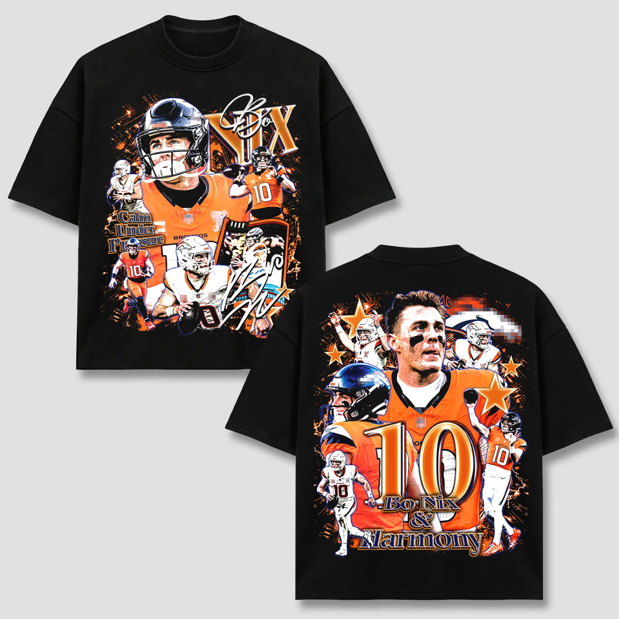 Bo Nix #10 T-Shirt, DEN Brncos QB Football Player Merch, Orange Navy Vintage Graphic Apparel, Retro 90s Bootleg Sports Wear, Footbal Fan Heritage Gift, Men Women Heavyweight Oversized Black Acid Wash Top