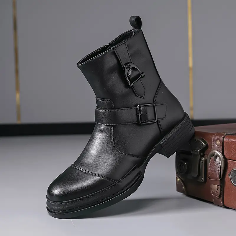 CYUW classic Western workwear motorcycle boots with vintage double buckles, side zipper, and thick sole—black boots suitable for all seasons., Shoe, Footwear, Pu Leather, Mid-Calf